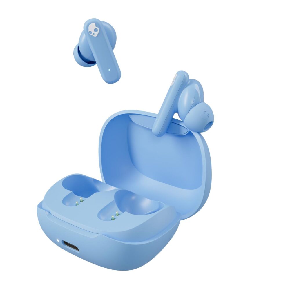 Skullcandy Smokin Buds true wireless earbuds in Preppy Blue positioned above an open matching charging case shown at an angle