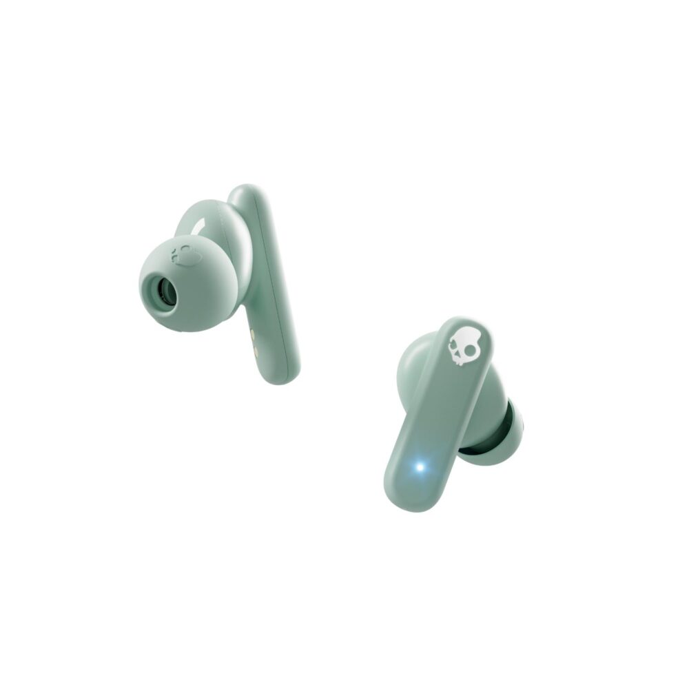 Skullcandy Smokin Buds true wireless earbuds in Preppy Sage shown at opposing angles with silicone ear tips and Skullcandy logos visible