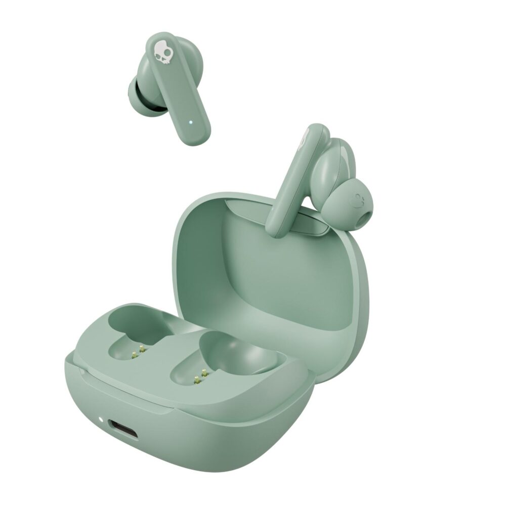 Skullcandy Smokin Buds true wireless earbuds in Preppy Sage positioned above an open matching charging case shown at an angle