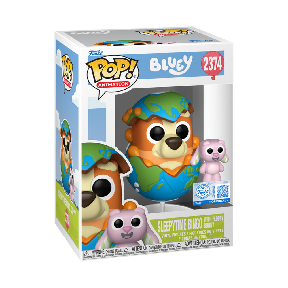 Boxed Sleepytime Bingo with Floppy Bunny Bluey Funko Pop & Buddy #2374 Special Edition showing Bingo in an Earth-themed scene with Floppy Bunny.
