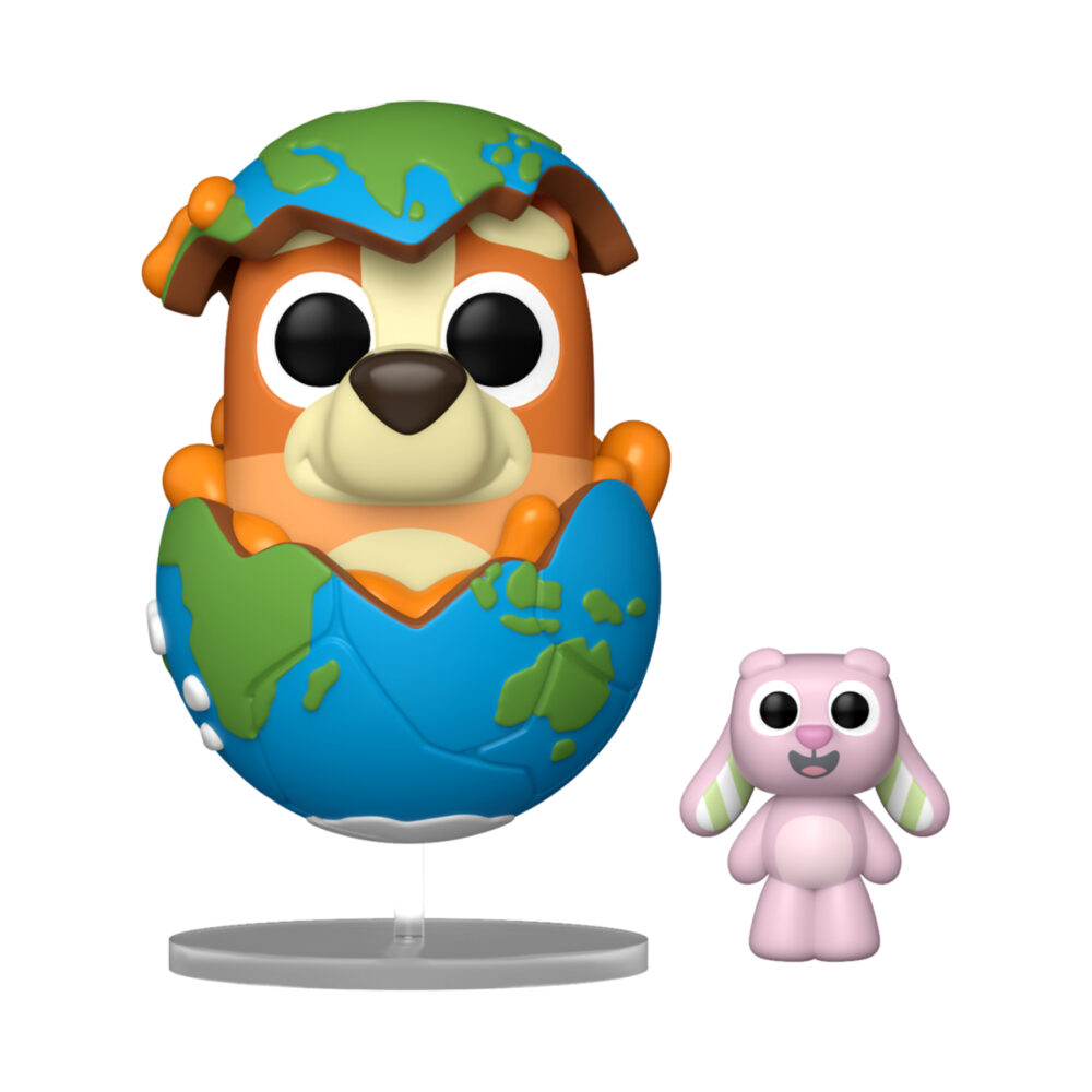 Unboxed Sleepytime Bingo with Floppy Bunny Bluey Funko Pop & Buddy #2374 Special Edition with Bingo in an Earth-themed display beside Floppy Bunny.