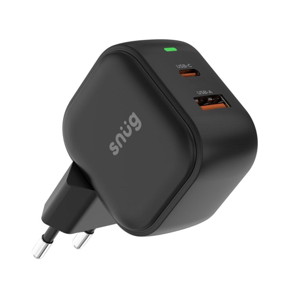 Black Snug 35W GaN wall charger shown at an angle with the USB-C and USB-A charging ports clearly visible.