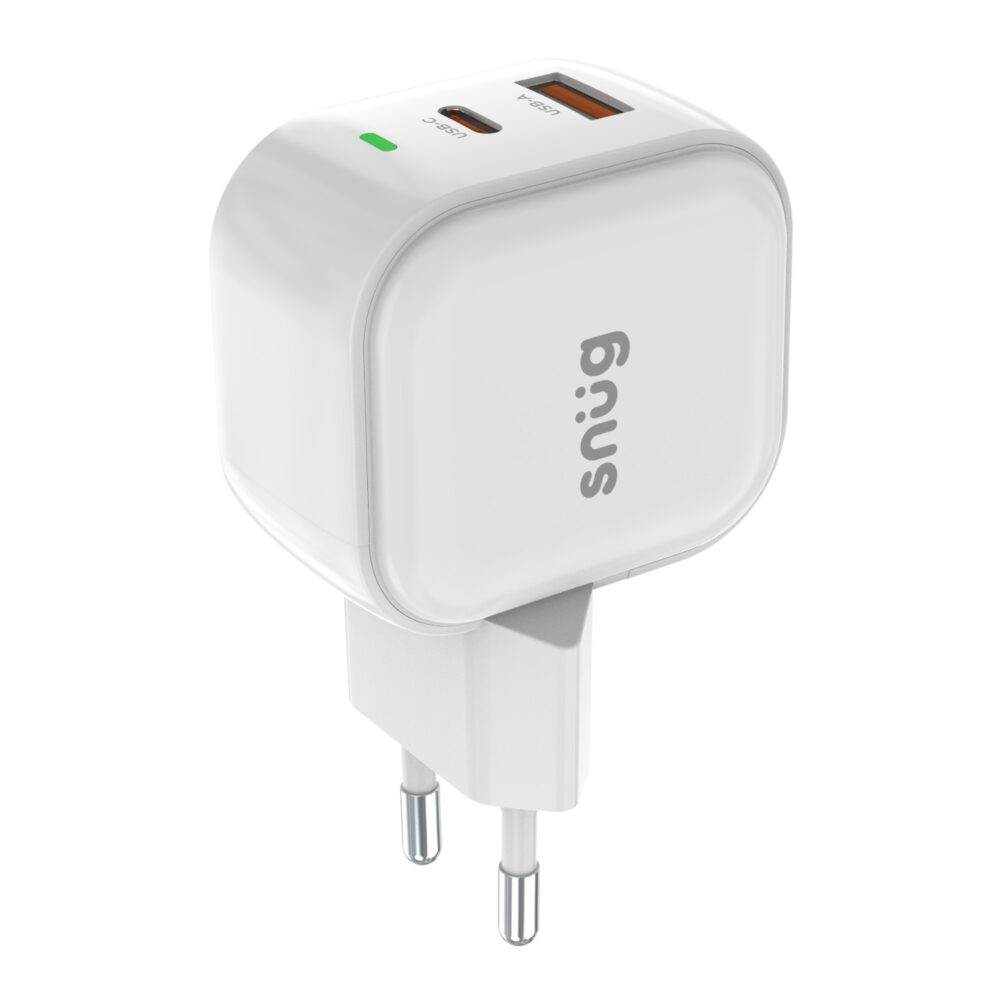 Angled front view of the white Snug 35W GaN wall charger with USB-A and USB-C ports visible above the two-pin plug.