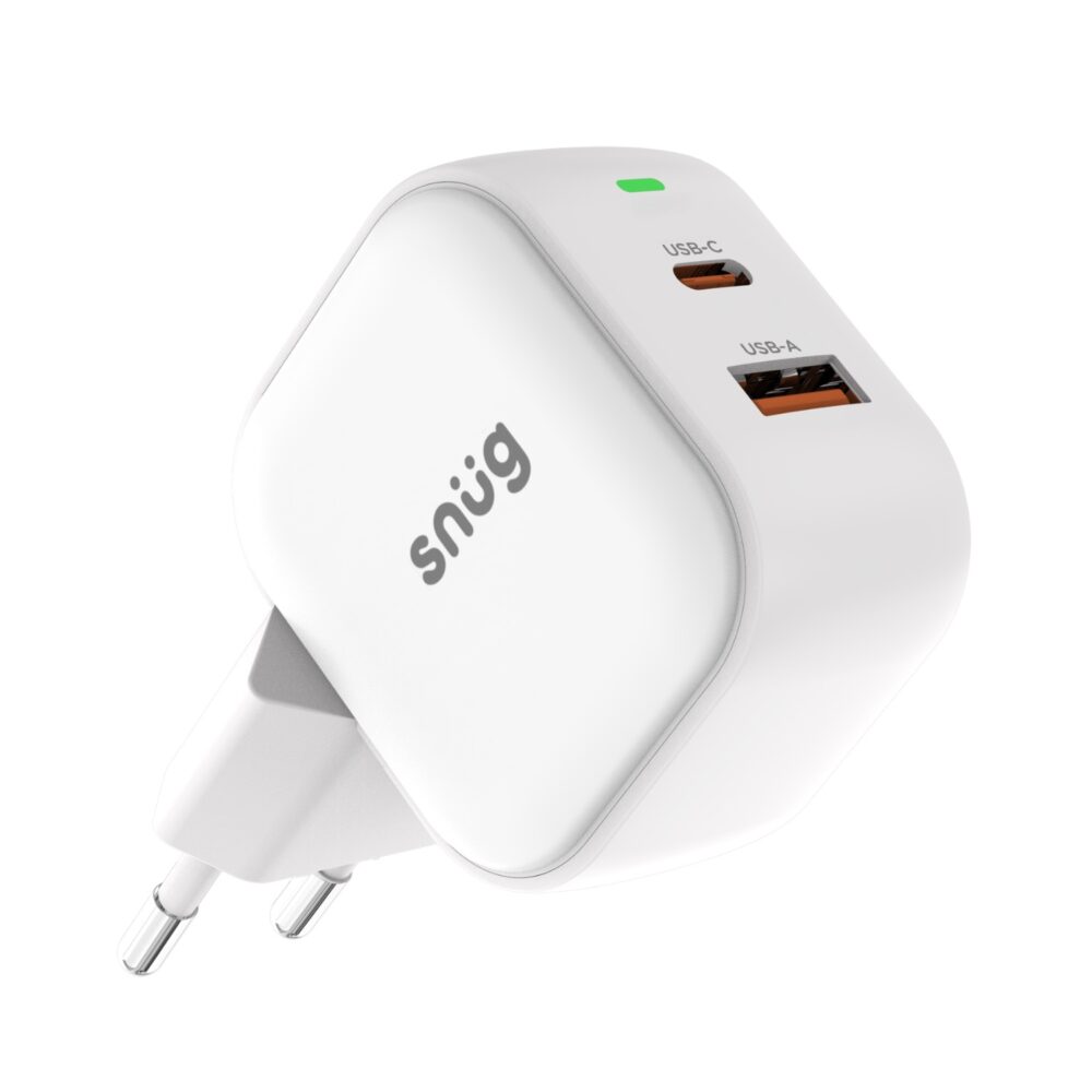White Snug 35W GaN wall charger shown at an angle with the USB-C and USB-A charging ports clearly visible.