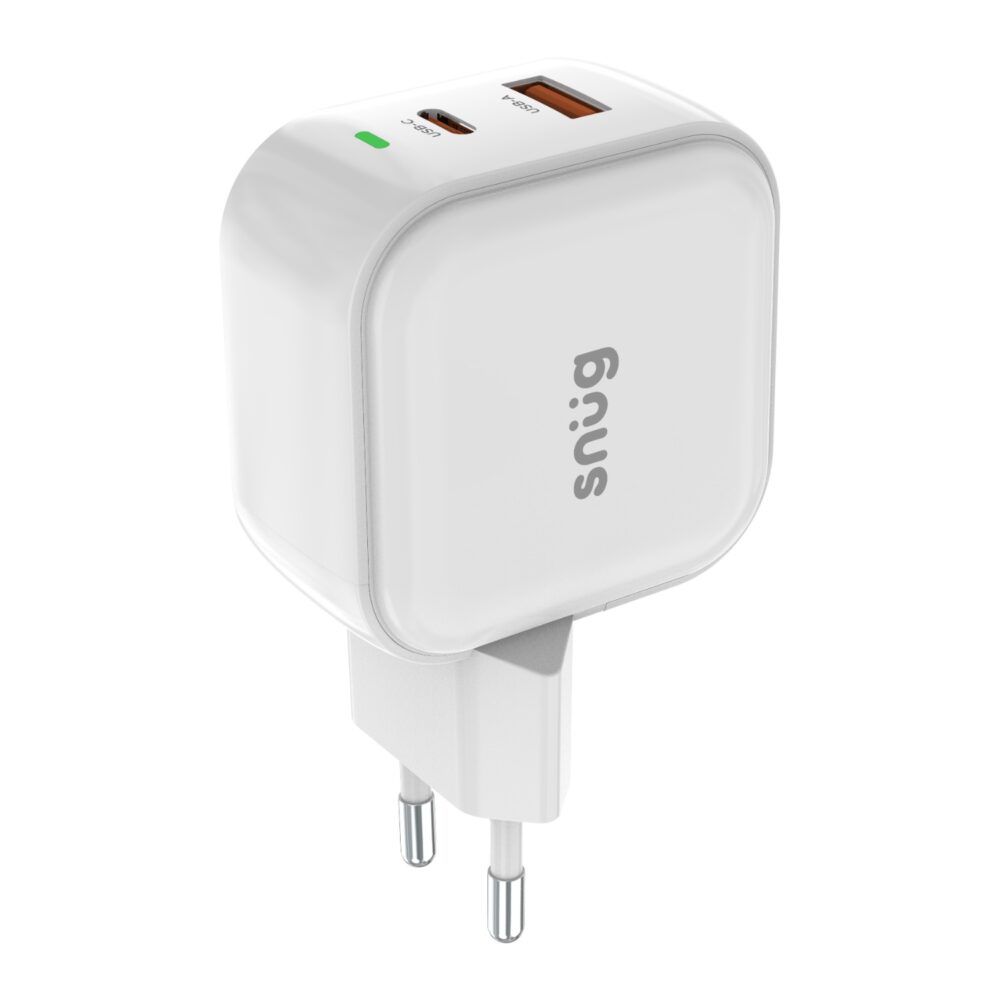 Angled front view of the white Snug 45W GaN wall charger with USB-A and USB-C ports visible above the two-pin plug.