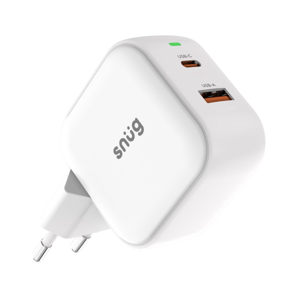 White Snug 45W GaN wall charger shown at an angle with the USB-C and USB-A charging ports clearly visible.