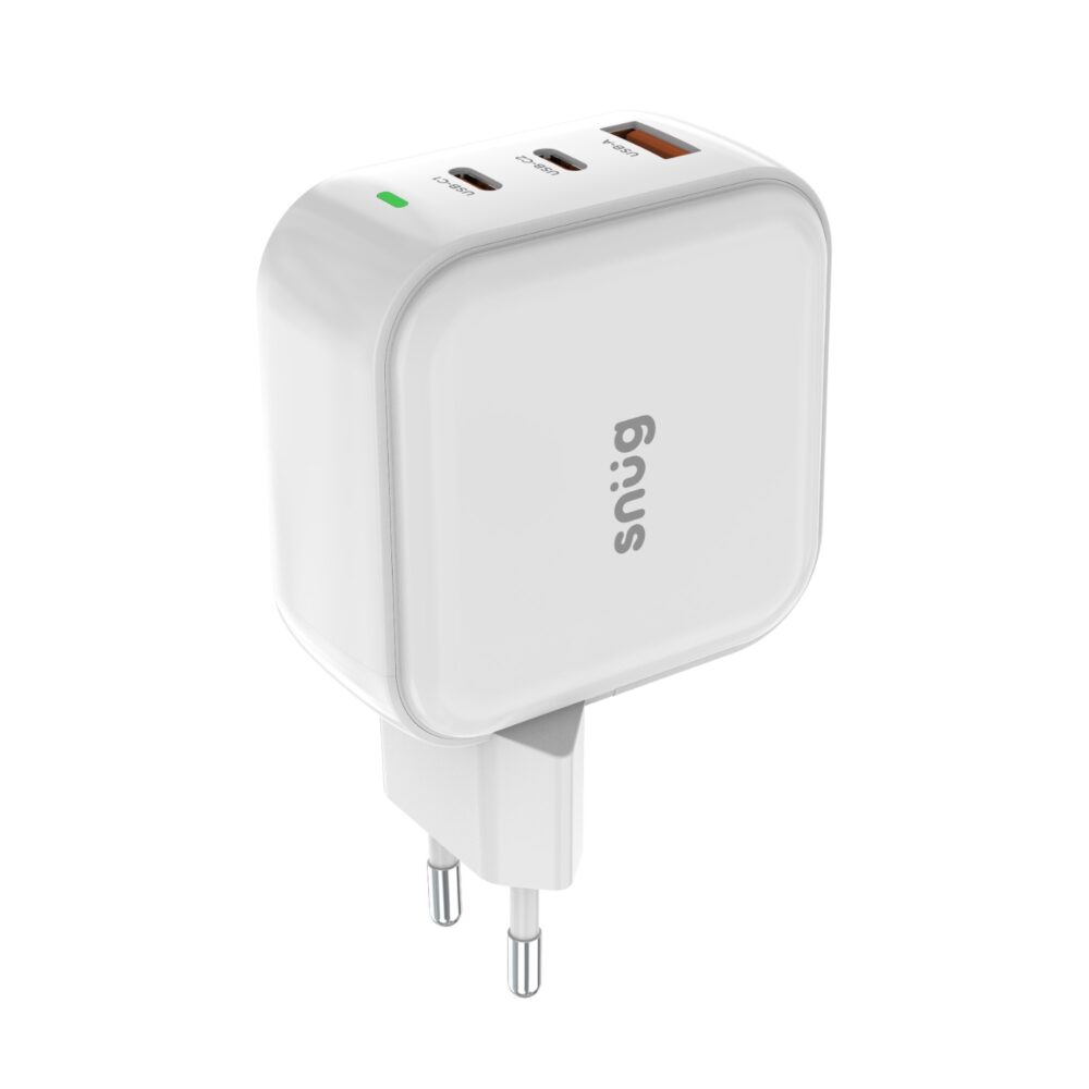 White Snug 65W GaN 3-port PD wall charger shown at an angle with the front logo, top ports and two-pin plug visible