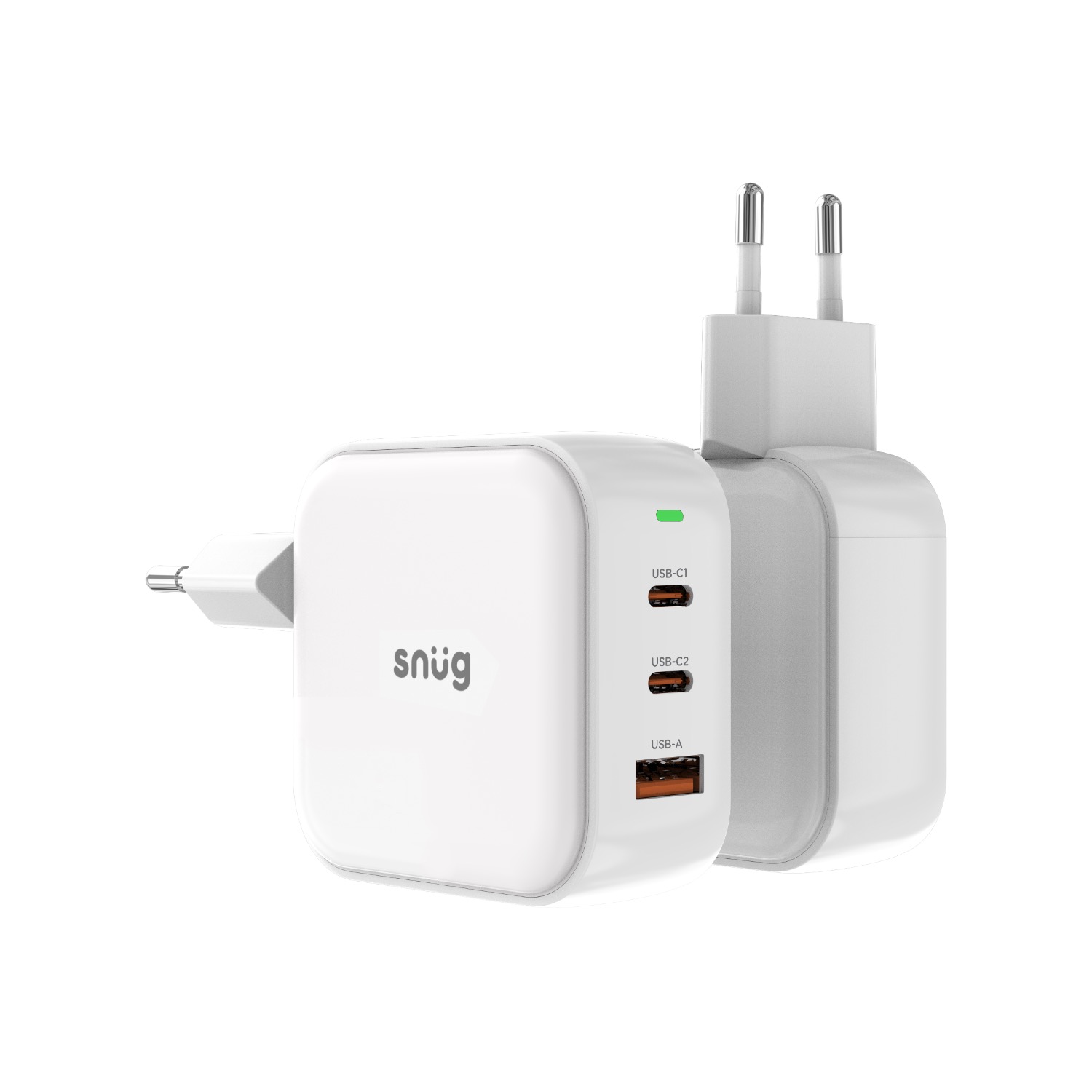 Three views of the white Snug 65W GaN 3-port wall charger showing the front, port side and two-pin plug