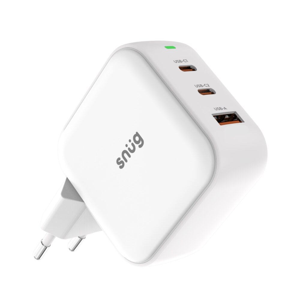 Snug 65W GaN wall charger in white shown at an angle with two USB-C ports and one USB-A port clearly visible