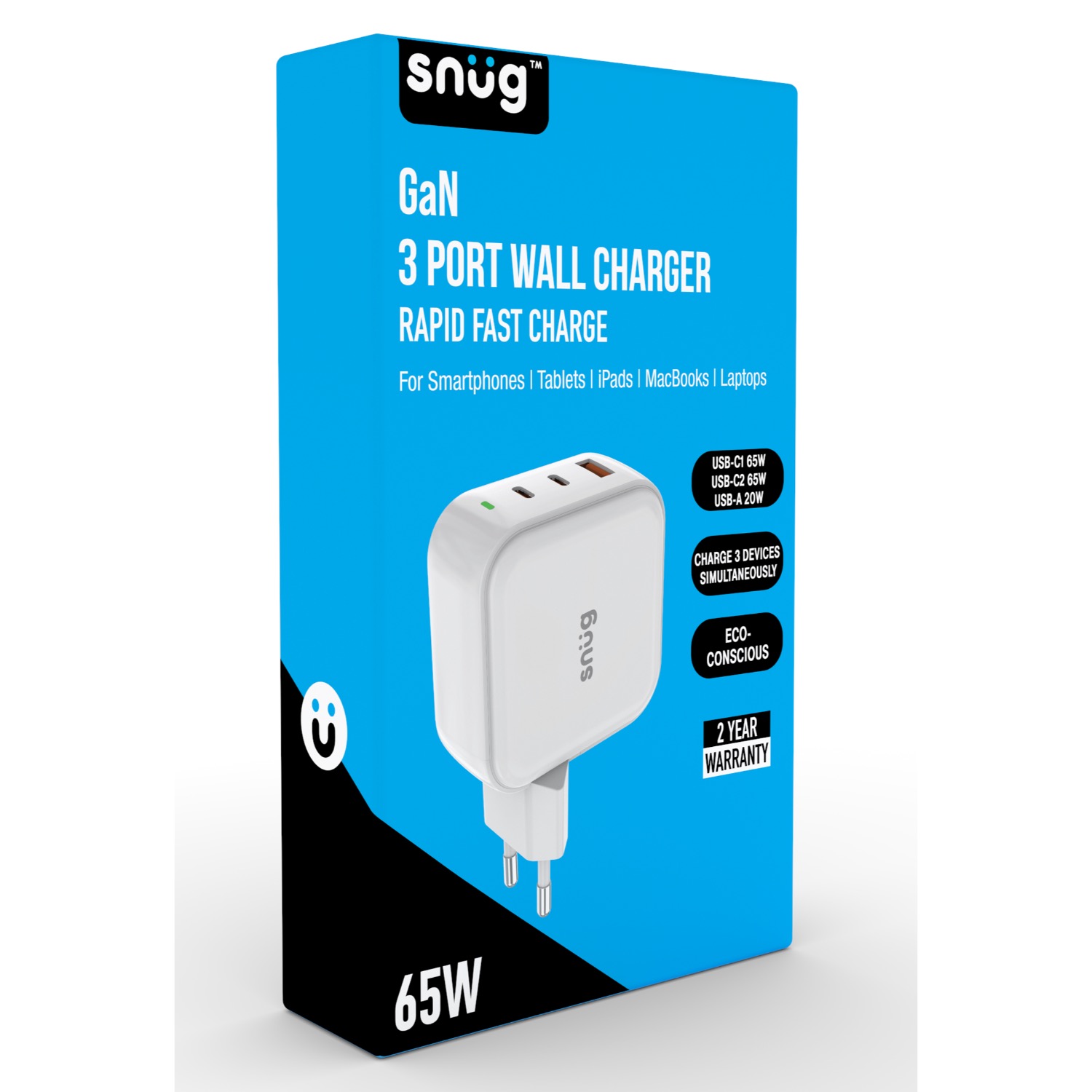 Snug 65W GaN USB and USB-C PD wall charger shown on the front of its blue retail packaging