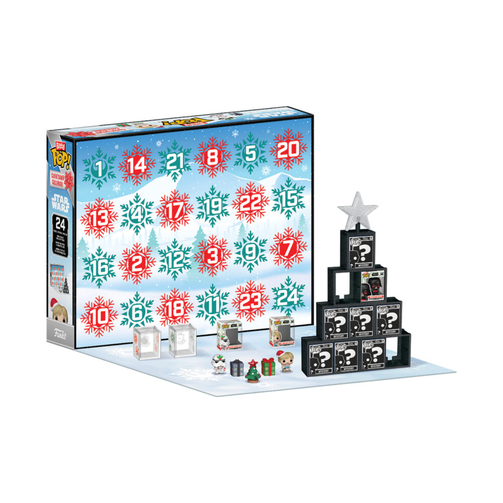 Star Wars Funko Bitty Pop 24-piece Countdown Calendar opened to show numbered doors, mini collectibles, display pieces and festive accessories.