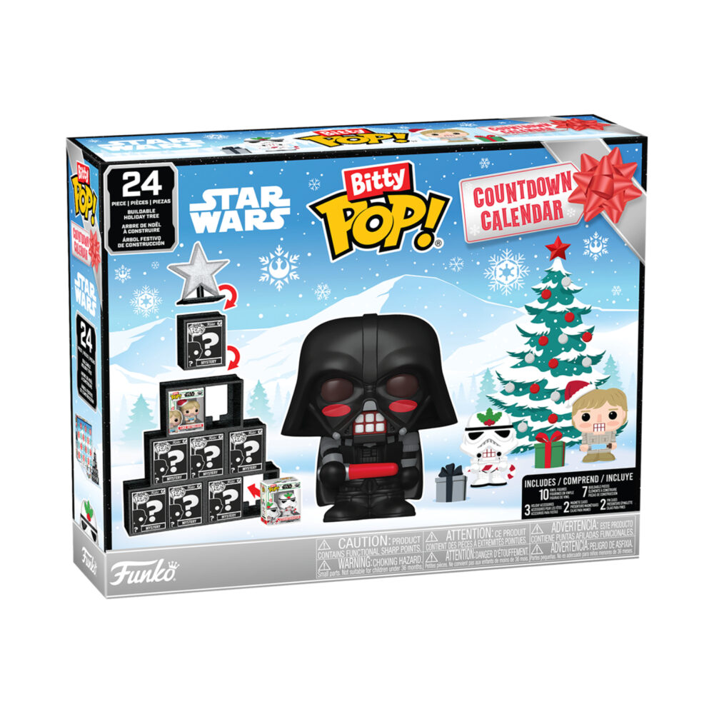 Star Wars Funko Bitty Pop 24-piece Countdown Calendar shown in its retail box with festive artwork, Darth Vader and included collectible pieces pictured.