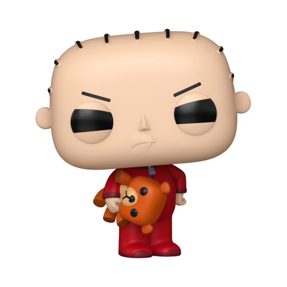Unboxed Stewie Griffin Family Guy Funko Pop #1943 in red clothing while holding a teddy bear.