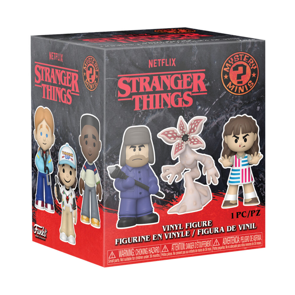 Retail packaging for the Stranger Things Season 4 Funko Mystery Mini Box of 12, showing characters from the assortment on the box.
