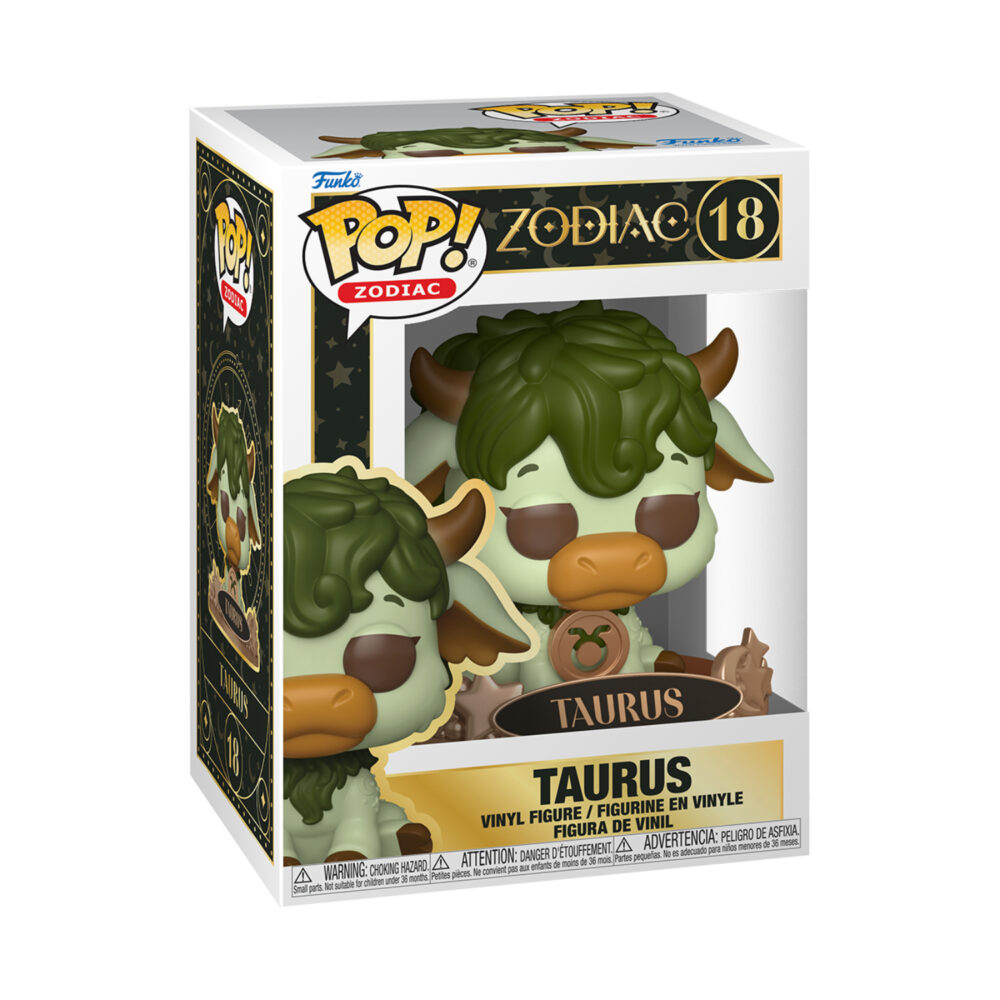 Taurus Zodiac Funko Pop #18 shown in its window display box with the green celestial bull figure visible