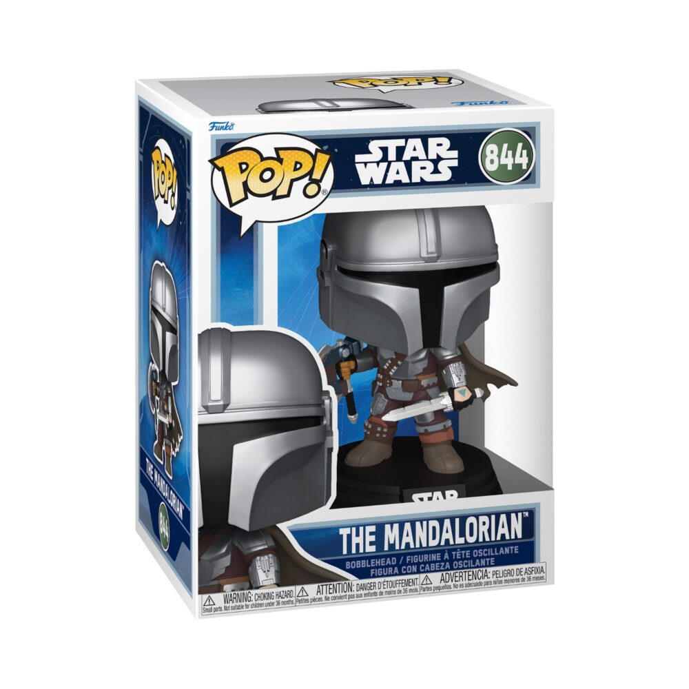 Funko Pop The Mandalorian Star Wars #844 bobblehead shown inside its window display box.
