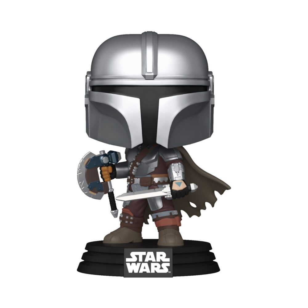 Unboxed Funko Pop The Mandalorian Star Wars #844 bobblehead shown on a black Star Wars base holding two weapons.