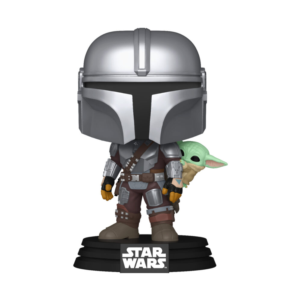 The Mandalorian With Grogu - Star Wars Funko Pop Figure #818 unboxed on a display base with Grogu beside him