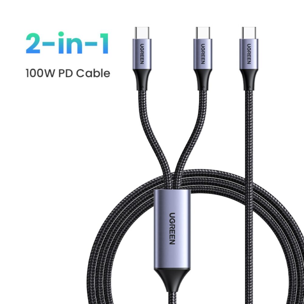 UGREEN black dual USB-C braided cable feature graphic showing the three connectors with 2-in-1 and 100W PD Cable text