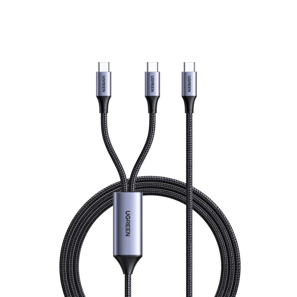 Black UGREEN 100W dual Type-C to Type-C braided cable shown coiled with its three USB-C connectors and central splitter visible
