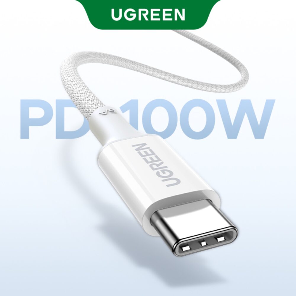 UGREEN white braided USB-C cable feature graphic with a close-up of the connector and PD100W text