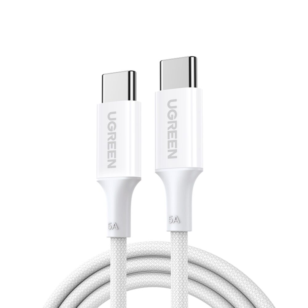 White UGREEN 100W braided Type-C to Type-C PD cable showing both 5A-marked USB-C connectors and the coiled cable