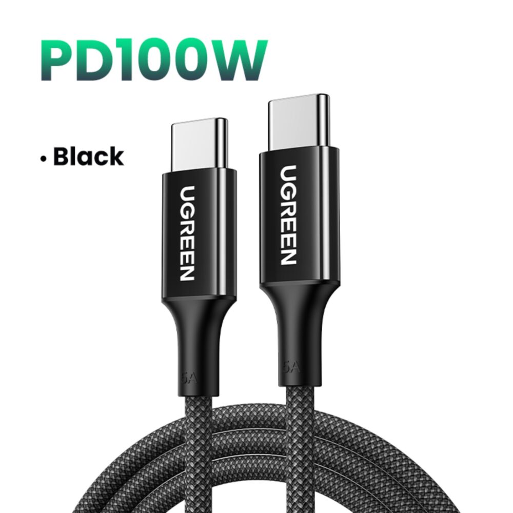 UGREEN 100W USB-C to USB-C braided PD cable in 2m black shown in a feature graphic labelled PD100W and Black