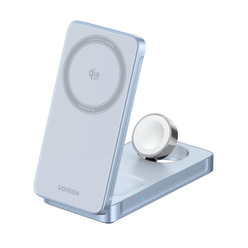 Blue UGREEN 25W 3-in-1 magnetic wireless charger shown open at an angle with the upright magnetic charging panel and circular charging pad visible