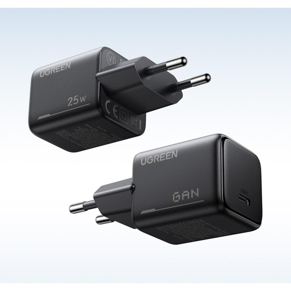 Black UGREEN 25W GaN USB-C PD wall charger shown from two angles with the European two-pin plug and single USB-C port visible