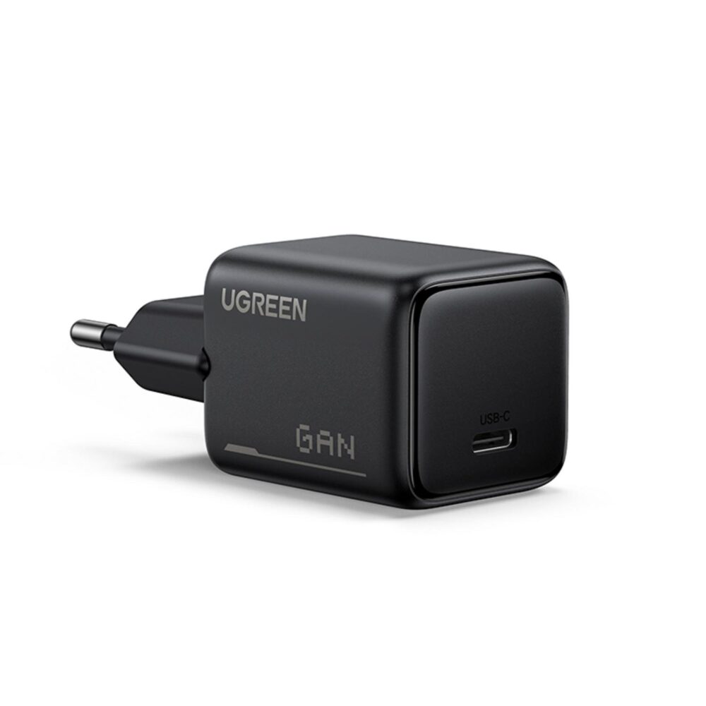 Black UGREEN 25W GaN USB-C PD wall charger shown from the front at an angle with its single USB-C port visible