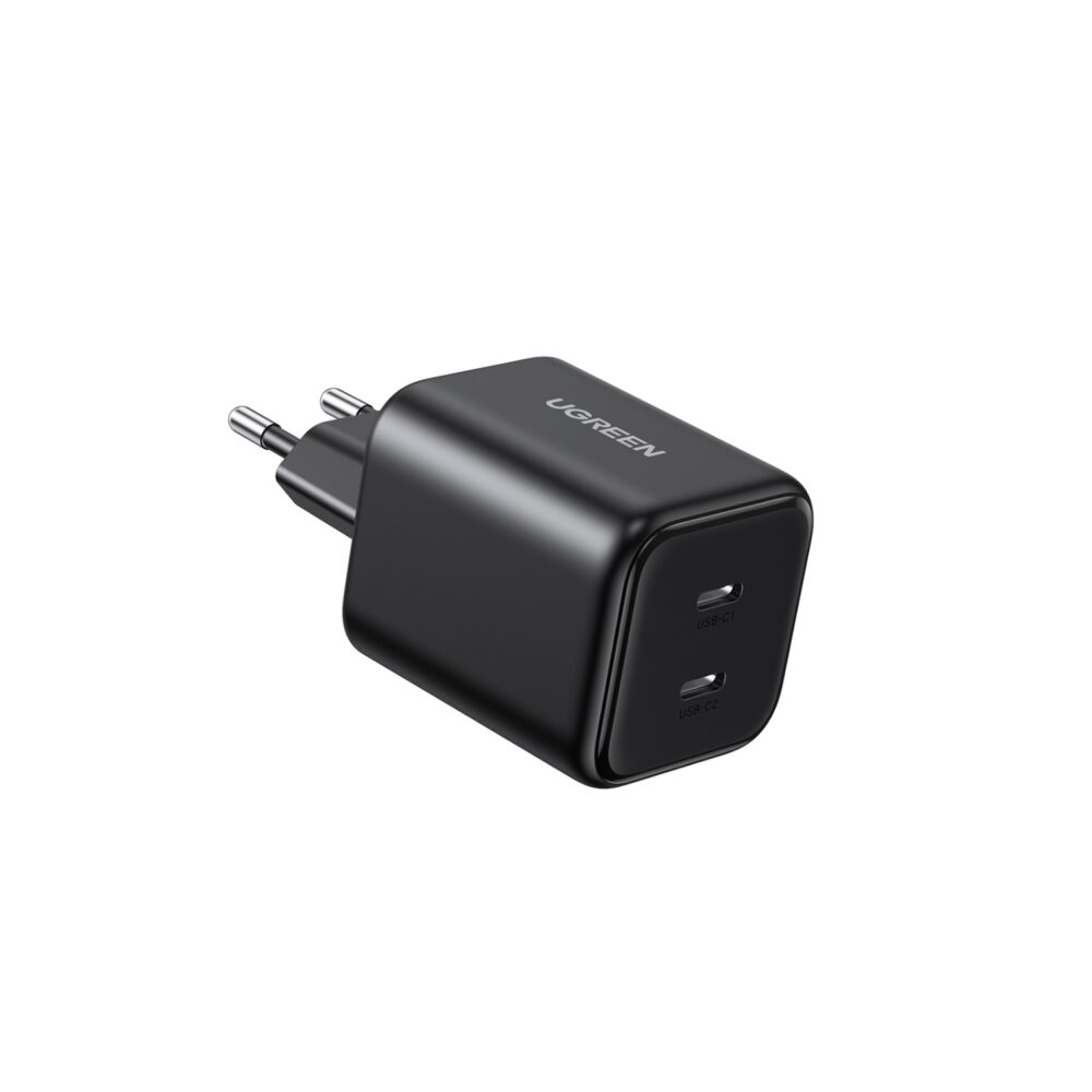 Black UGREEN 45W GaN dual USB-C wall charger shown at an angle with both USB-C ports and the two-pin plug visible.