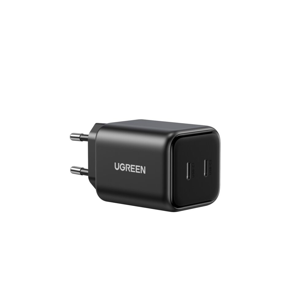 Black UGREEN 45W GaN dual USB-C wall charger shown from the side with the UGREEN logo, two USB-C ports and two-pin plug visible.