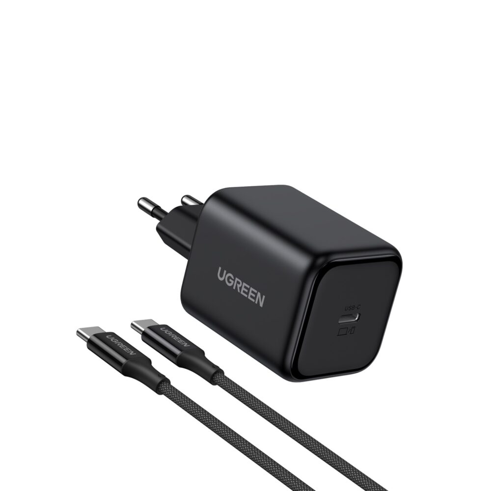 UGREEN 45W GaN USB-C PD wall charger in black shown at an angle with the included braided USB-C cable and USB-C port visible