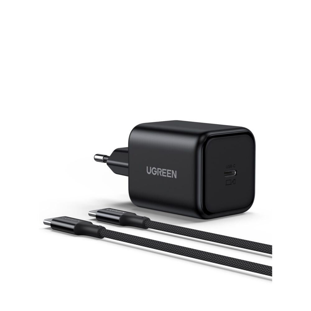 Black UGREEN 45W GaN USB-C PD wall charger shown from a front angle with the included braided USB-C cable positioned in front