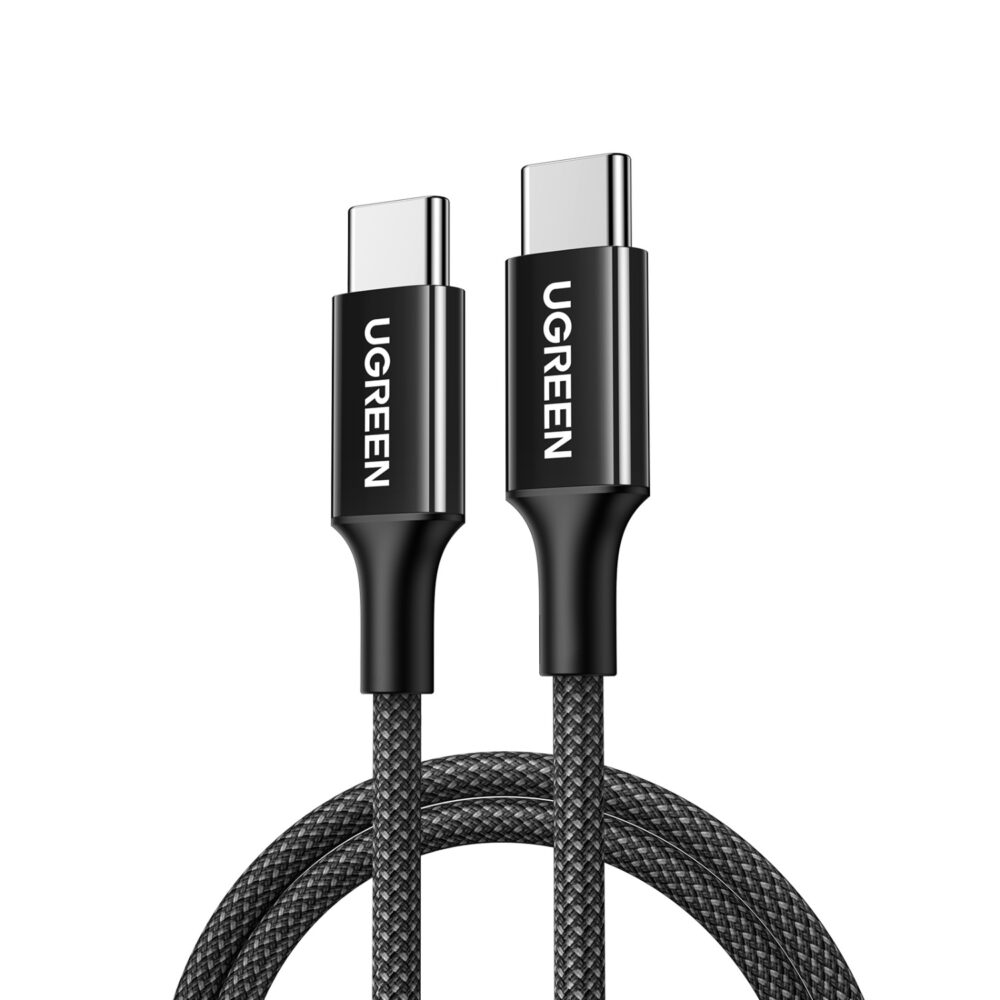 UGREEN 60W USB-C to USB-C braided PD cable in 1m black shown with both USB-C connectors facing forward