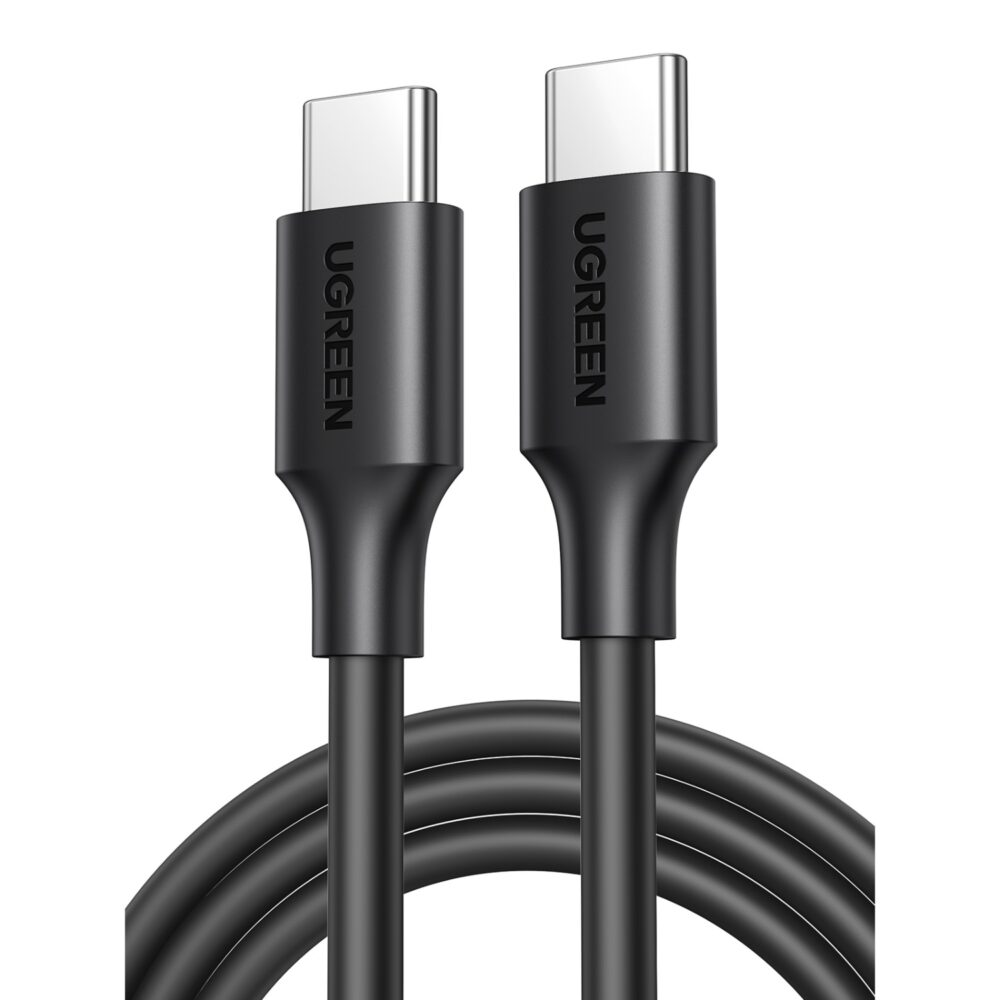 Close-up of the USB-C connectors on the black UGREEN 60W USB-C to USB-C PD cable