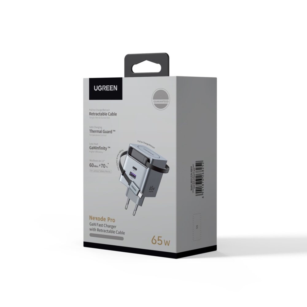 UGREEN 65W GaN wall charger with built-in retractable USB-C cable shown in its retail packaging.