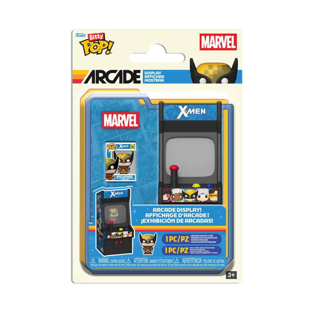 Funko Bitty Pop Arcade Wolverine from Marvel X-Men shown in the retail packaging with the arcade display set.