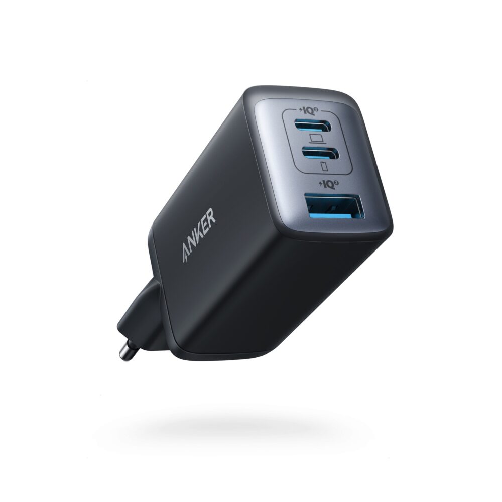 Anker 65W GaN PD Wall Charger in black shown at an angle with its three charging ports visible
