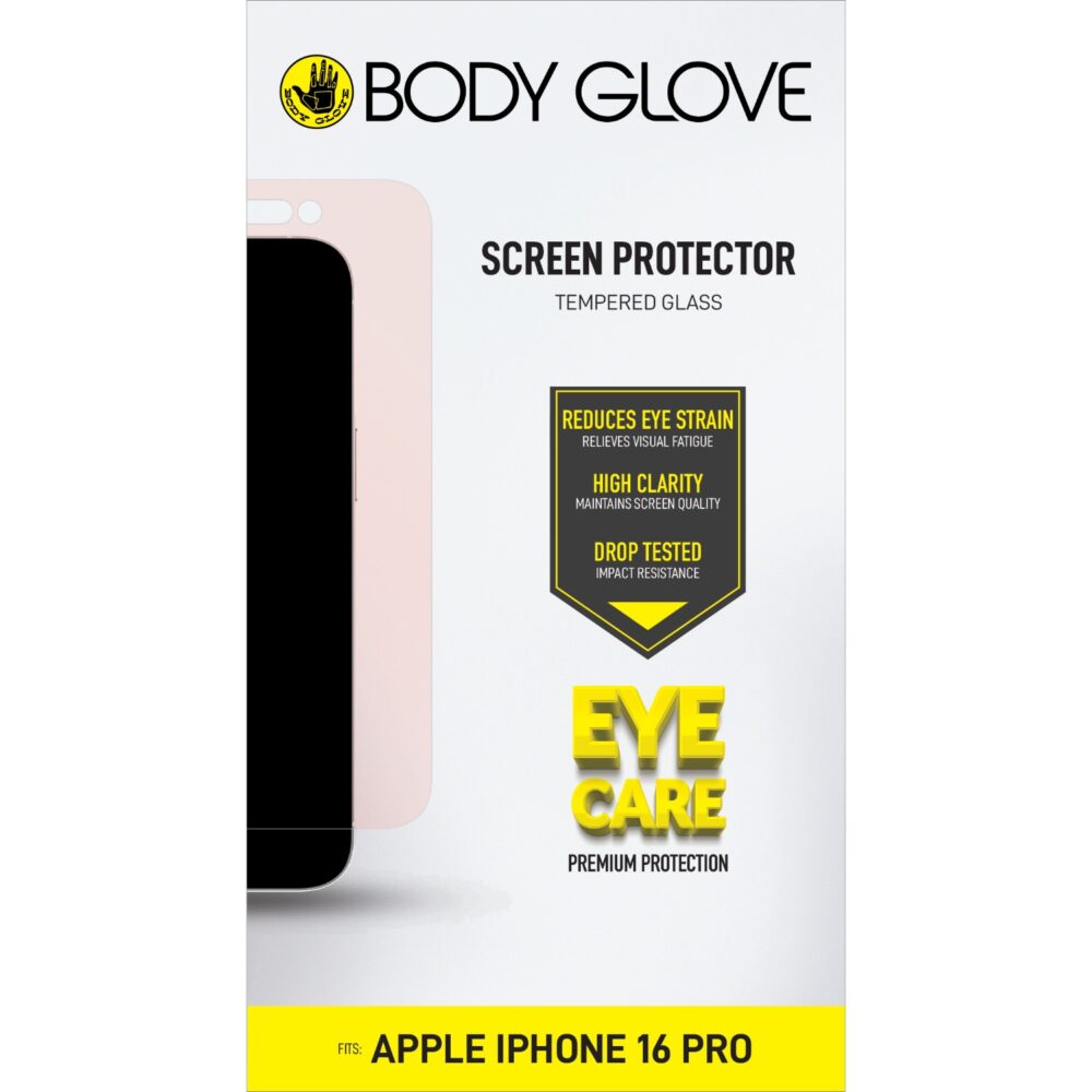 Front of Body Glove Eye Care screen protector packaging for Apple iPhone 18 Pro, iPhone 17 Pro, iPhone 17 and iPhone 16 Pro