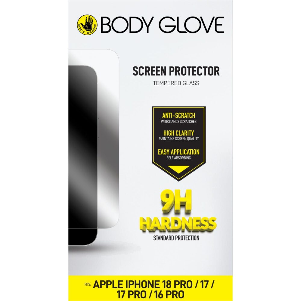 Front of Body Glove screen protector packaging for Apple iPhone 18 Pro, iPhone 17 Pro, iPhone 17 and iPhone 16 Pro