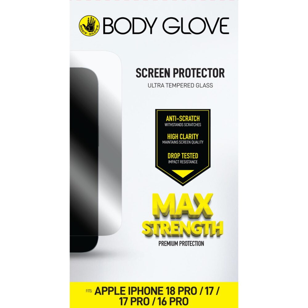 Front of Body Glove Ultra screen protector packaging for Apple iPhone 18 Pro, iPhone 17 Pro, iPhone 17 and iPhone 16 Pro