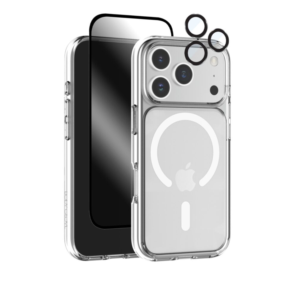 Body Glove 3-in-1 Protection Bundle for Apple iPhone 18 Pro showing the clear Ghost Case, screen protector and camera lens protector set together