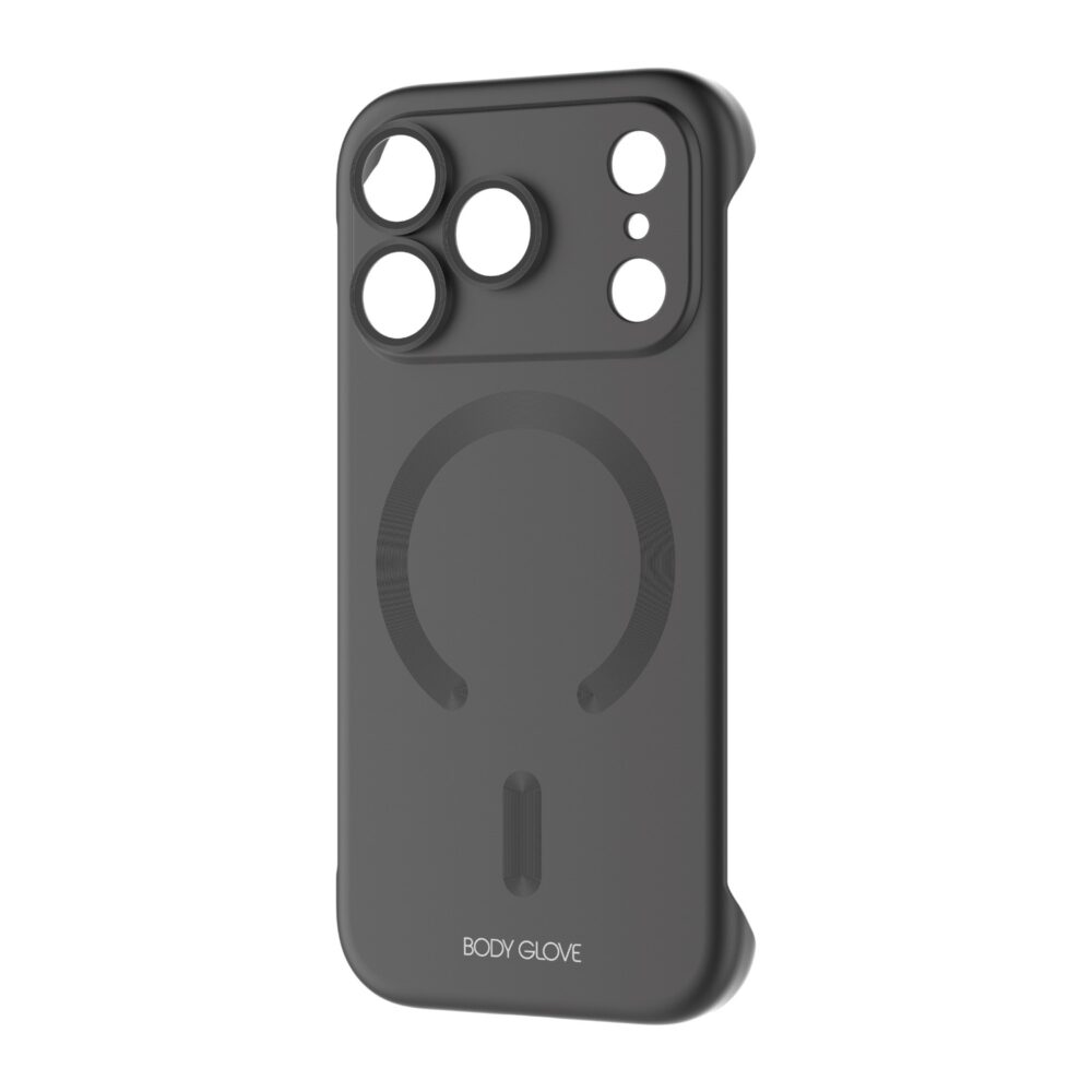 Black Body Glove Magnetic AirCase for Apple iPhone 18 Pro shown at an angle with the rear magnetic ring and raised camera surround visible