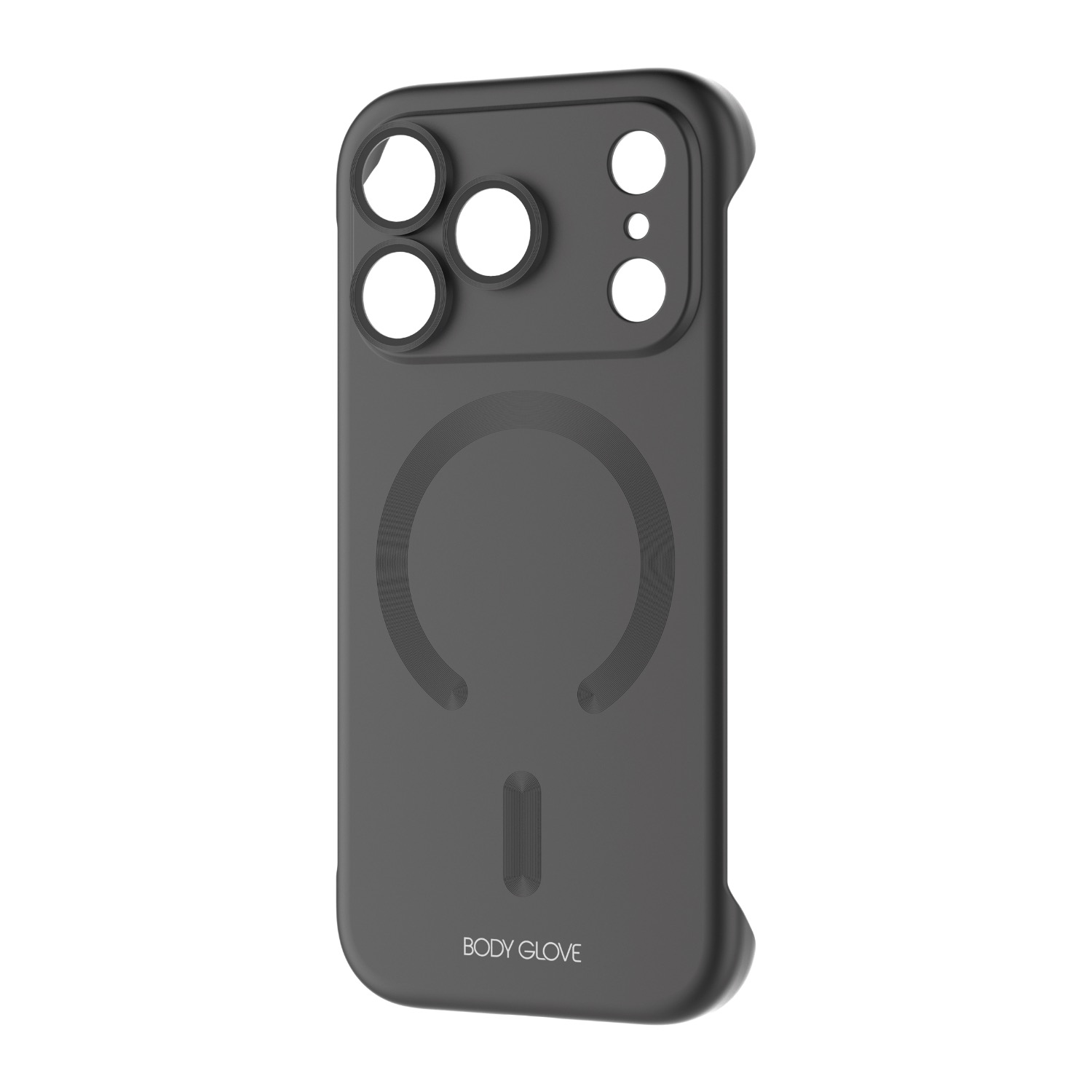 Black Body Glove Magnetic AirCase for Apple iPhone 18 Pro shown at an angle with the rear magnetic ring and raised camera surround visible