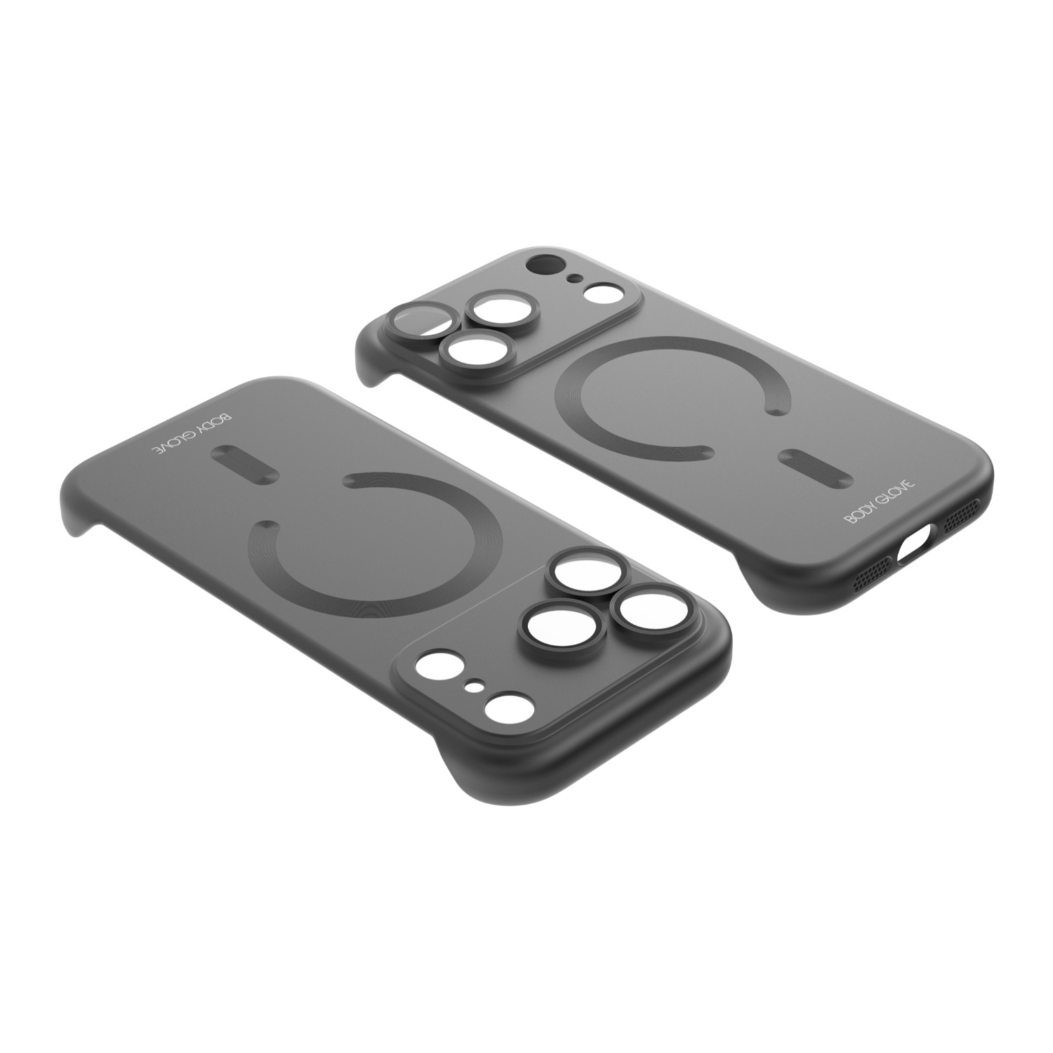 Two angled views of the black Body Glove Magnetic AirCase for Apple iPhone 18 Pro showing the open-side design, magnetic ring and camera cut-outs
