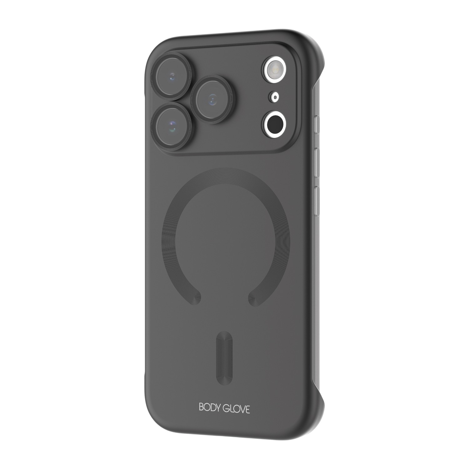 Black Body Glove Magnetic AirCase fitted to an Apple iPhone 18 Pro and shown at a rear angle with the camera surround and magnetic ring visible