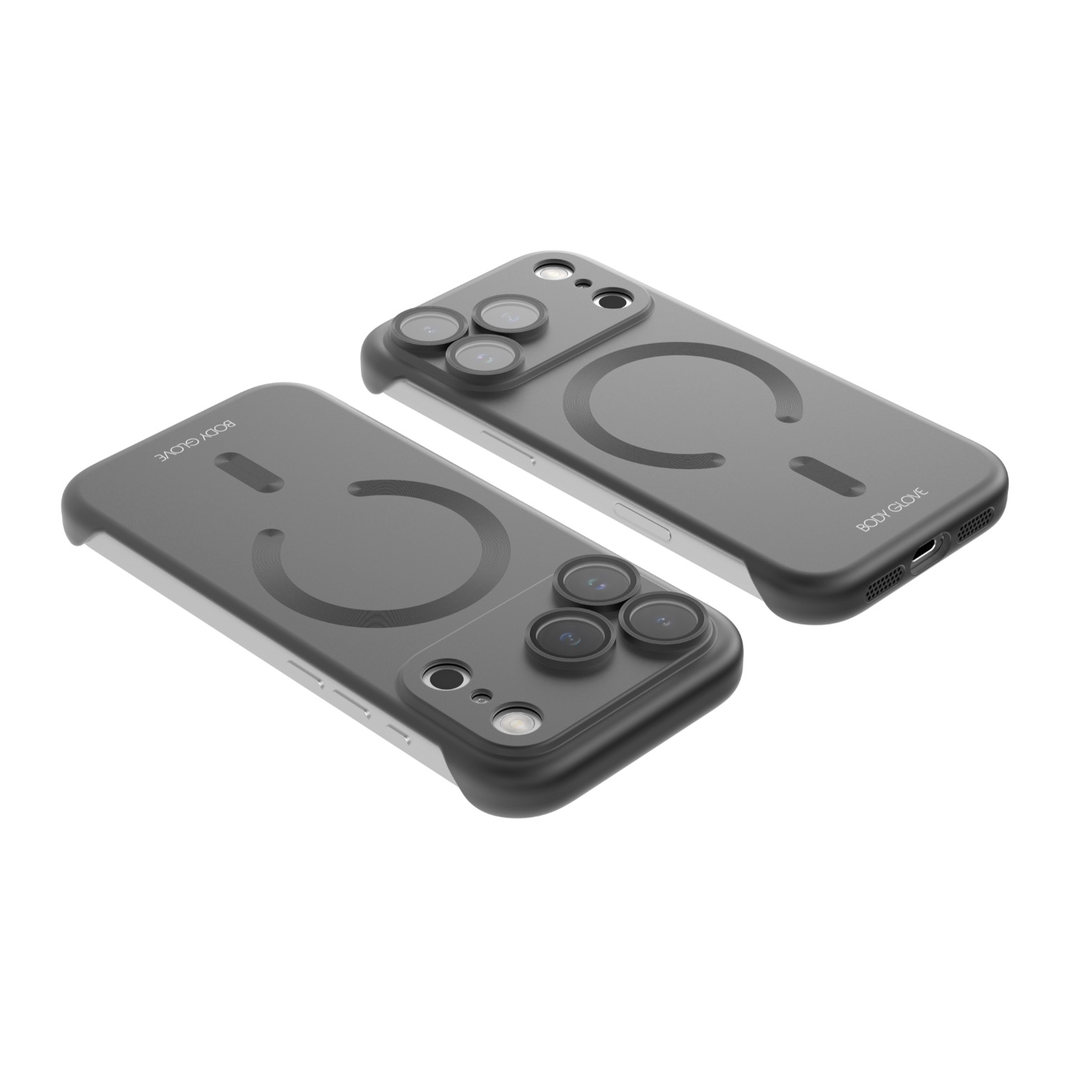 Two angled views of the black Body Glove Magnetic AirCase fitted to an Apple iPhone 18 Pro, showing the open sides, camera surround and bottom port opening