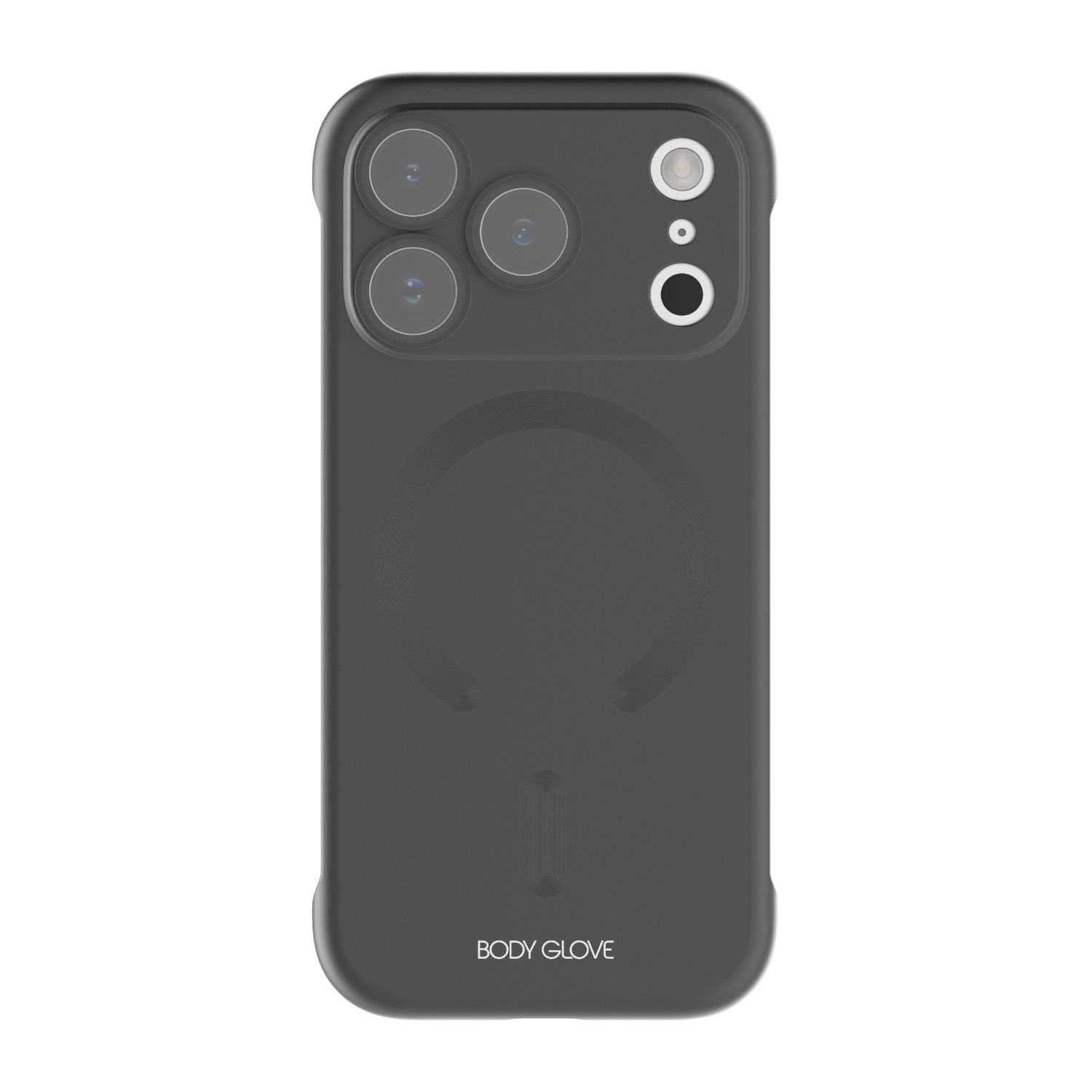 Black Body Glove Magnetic AirCase fitted to an Apple iPhone 18 Pro, shown from the rear with the camera lenses and magnetic ring visible