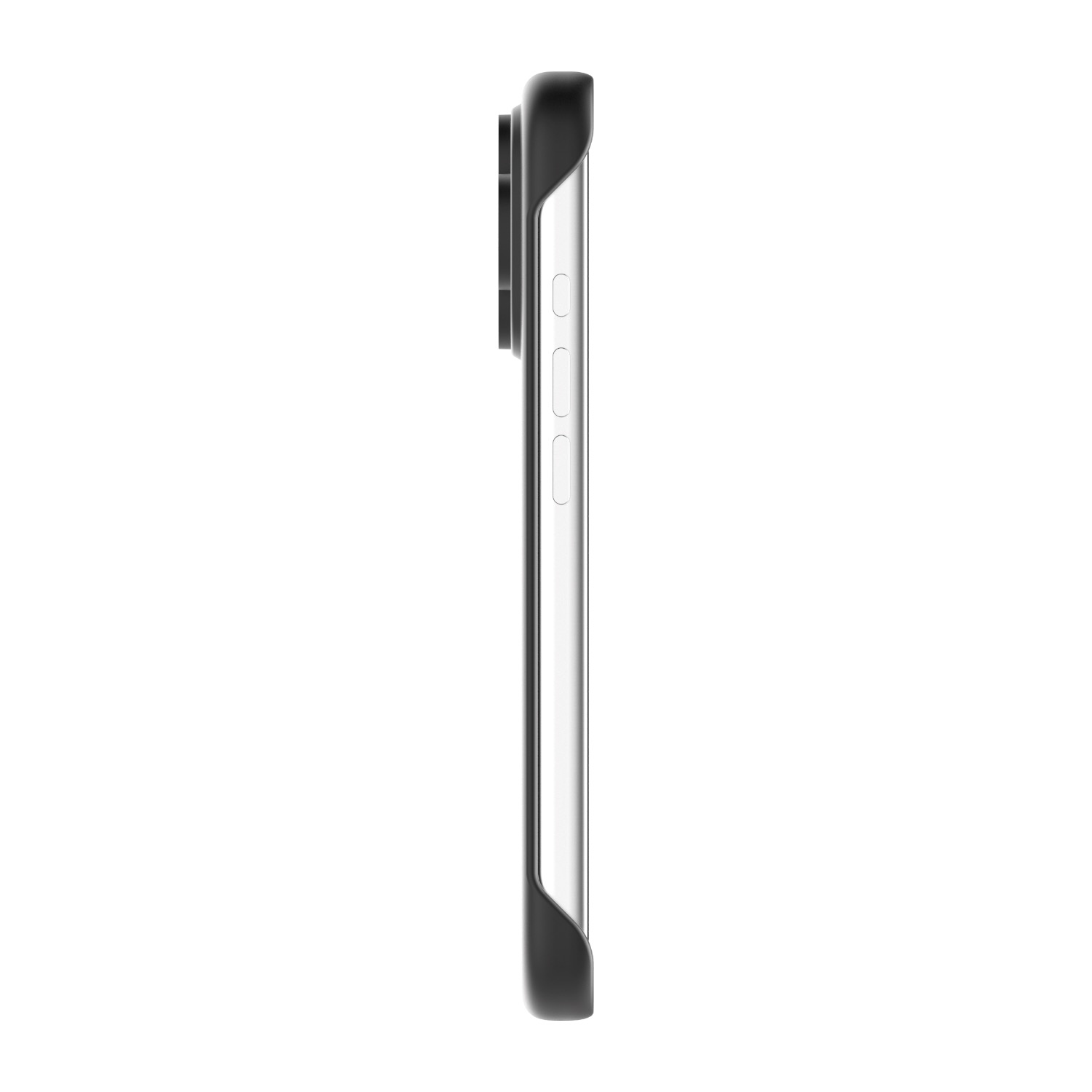 Side profile of the black Body Glove Magnetic AirCase fitted to an Apple iPhone 18 Pro with the exposed side controls visible